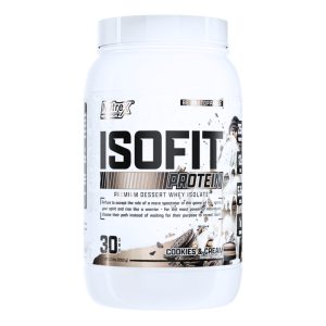 ISOFIT PROTEIN PREMIUM 2.3 LBS COOKIES & CREAM – NUTREX 18 Envase de proteína ISOFIT de 2.2 kg, sabor cookies and cream. Este suplemento de proteína de suero aislado está diseñado para ayudar en la recuperación muscular y el crecimiento. Ofrece 30 porciones por envase, ideal para deportistas y entusiastas del fitness que buscan un suplemento nutritivo y delicioso. Perfecto para mezclar en batidos o recetas saludables.