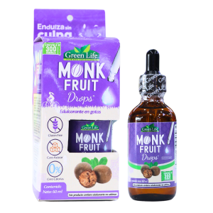 MONK FRUIT DROPS 60 ML – GREEN LIFE 6 Imagen de gotas de Monk Fruit de Green Life, un edulcorante natural sin calorías. El envase incluye 60 ml de producto, ideal para endulzar bebidas y comidas sin azúcar. Este edulcorante es apto para dietas cetogénicas y contiene ingredientes naturales, ofreciendo una alternativa saludable a los azúcares refinados. Perfecto para quienes buscan reducir el consumo de azúcar sin sacrificar el sabor.