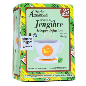 TÉ JENGIBRE 25 BOLSITAS – ILE 4 Caja de infusión de jengibre de 25 bolsitas, producto de Ecuador. La presentación incluye información sobre el peso neto de 37.5 g y destaca su calidad. Ideal para quienes buscan una bebida aromática y saludable. Perfecto para disfrutar en cualquier momento del día.