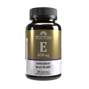 VITAMIN E 450 MG – WINDMILL 20 Suplemento de vitamina E de 450 mg en cápsulas blandas, diseñado para la salud del corazón y propiedades antioxidantes, presentado en un frasco de 30 unidades de Windmill Natural Vitamins.