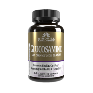 GLUCOSAMINE + CHOND & MSM – WINDMILL 22 Suplemento de glucosamina Windmill en frasco de 60 tabletas, formulado con condroitina y MSM. Promueve la salud del cartílago y apoya la salud y flexibilidad de las articulaciones. Ideal para quienes buscan mejorar su bienestar articular.