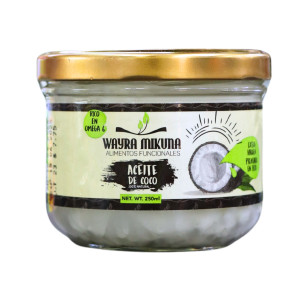 ACEITE DE COCO 250 ML – WAYRA MIKUNA 16 Frasco de aceite de coco Wayra Mikuna, de 250 ml, ideal para uso culinario y cuidado personal. Este producto es rico en ácidos grasos esenciales, promoviendo beneficios para la salud y la piel. Su presentación en frasco de vidrio asegura frescura y calidad. Perfecto para quienes buscan alimentos funcionales y naturales.