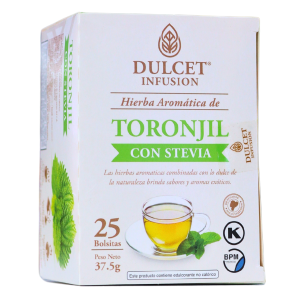 TÉ TORONJIL CON STEVIA (25 BOLSITAS) – DULCET 4 Caja de infusión de toronjil con stevia de la marca Dulcet, que contiene 25 bolsitas. Este producto ofrece una mezcla de hierbas aromáticas que resaltan el sabor natural y los beneficios para la salud. Ideal para quienes buscan una bebida reconfortante y dulce sin azúcar añadida. Peso neto de 37.5 gramos.