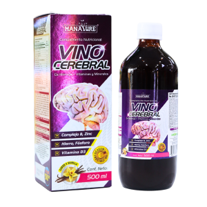 VINO CEREBRAL 500 ML – MANATURE 6 Suplemento nutricional Vino Cerebral de Manayur, presentado en envase de 500 ml, enriquecido con vitaminas y minerales como complejo B, zinc, hierro, fósforo y vitamina D3, diseñado para apoyar la salud cerebral.