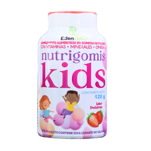 NUTRIGOMIS KIDS 120 GOMITAS – EDEN VERDE 6 Frasco de Nutrigomis Kids de Eden Verde, un suplemento alimenticio en gomitas masticables diseñado para niños. Contiene vitaminas, minerales y omega, con un contenido neto de 120 g y sabor a frutas. Ideal para complementar la dieta infantil de manera divertida y nutritiva.
