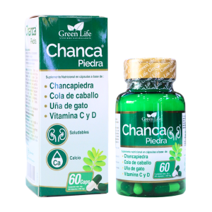 CHANCA PIEDRA 60 CAPS – GREEN LIFE 14 Suplemento nutricional Chanca Piedra de Green Life en cápsulas, que incluye ingredientes como chancapiedra, cola de caballo, uña de gato, y vitaminas C y D. Presentado en un frasco verde de 60 cápsulas, este producto es ideal para quienes buscan apoyo en la salud urinaria y del sistema inmunológico. Además, contiene calcio y es soluble, facilitando su absorción. Perfecto para complementar una dieta equilibrada.