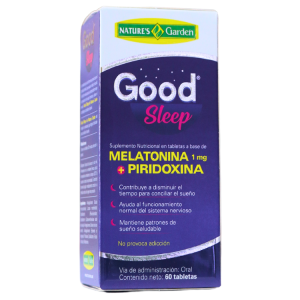 GOOD SLEEP 60 TABLETAS – NATURES GARDEN 8 Suplemento nutricional Good Sleep de Nature's Garden, con 60 tabletas que contienen melatonina de 1 mg y piridoxina. Este producto ayuda a reducir el tiempo necesario para conciliar el sueño y mejora el funcionamiento normal del sistema nervioso. Ideal para quienes buscan mantener patrones de sueño saludables sin adición de sustancias.