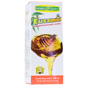 EUCAMIEL 240 ML – NATURES GARDEN 22 Jarabe Eucamiel de Nature's Garden, diseñado para aliviar la tos con miel y eucalipto. Presentación en envase de 240 ml, ideal para administración oral. Este producto combina ingredientes naturales para proporcionar un efecto calmante y reconfortante en las vías respiratorias. Apto para quienes buscan un remedio natural para la tos.