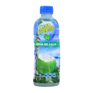 COCO FREEZE 355 ML – ECOPACIFIC 4 Botella de agua de coco Coco Freeze, con diseño atractivo que incluye una imagen de un coco fresco. El producto se presenta en un envase de plástico transparente con tapa azul, destacando su contenido natural y refrescante. Ideal para la hidratación y como bebida saludable, rica en electrolitos. Perfecta para disfrutar en cualquier momento del día.
