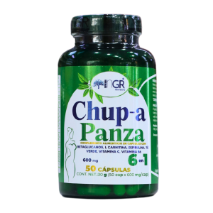 CHUP-A PANZA 50 CÁPSULAS – NGR LABORATORIO 32 Suplemento dietético Chup-a Panza en frasco de 50 cápsulas. Cada cápsula contiene 600 mg de ingredientes como el extracto de alcachofa, L-carnitina, té verde, vitamina C y vitamina B6, formulado para ayudar en la pérdida de peso y el control del apetito. Ideal para quienes buscan un apoyo adicional en su rutina de salud y bienestar.