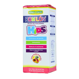 KOMILÓN KIDS 240 ML – NATURES GARDEN 18 Jalea nutricional Komilón Kids de Nature's Garden en envase de 240 ml. Este producto está diseñado para estimular el apetito, mejorar el crecimiento y desarrollo físico en niños, y posee propiedades antimicrobianas. Ideal para complementar la alimentación infantil de manera saludable.