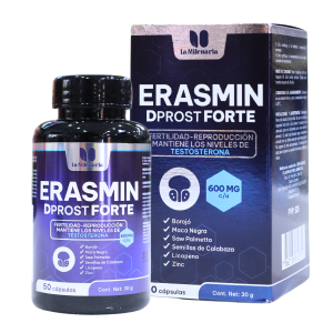ERASMIN DPROST FORTE 50 CÁPSULAS – LA MILENARIA 14 Suplemento Erasmin Dprosto Forte de La Milagrosa, diseñado para mejorar la fertilidad y reproducción masculina. Contiene 50 cápsulas de 600 mg cada una, con ingredientes como brócoli, maca negra, zinc, selenio y licopeno. Ideal para mantener niveles saludables de testosterona y apoyar la salud reproductiva. Presentación en frasco con caja.