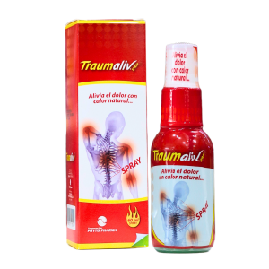 TRAUMALIV SPRAY 60 ML – PHYTO PHARMA 4 Spray analgésico Traumaliv para el alivio del dolor muscular y articular. Contiene ingredientes que generan calor natural para relajar los músculos y reducir la inflamación. Ideal para deportistas y personas con dolor crónico. Presentación en envase de 100 ml, fácil de aplicar y de rápida absorción. Perfecto para aliviar molestias después de actividades físicas o lesiones.