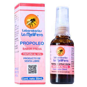 PROPÓLEO SPRAY 30 ML FRESA – LA MELIFERA 10 Tinte de propóleo al 10% en presentación de spray de 30 ml, sabor fresa, de Laboratorios La Melifera. Producto natural de venta libre, ideal para fortalecer el sistema inmunológico y mejorar la salud respiratoria. Embalaje atractivo y fácil de usar, adecuado para toda la familia.