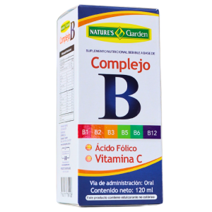 COMPLEJO B 120 ML – NATURES GARDEN 4 Suplemento nutricional Complejo B de Nature's Garden, diseñado para proporcionar vitaminas B1, B2, B3, B5, B6 y B12, junto con ácido fólico y vitamina C. Presentación en líquido de 120 ml, indicado para administración oral. Ideal para apoyar el sistema nervioso, la salud metabólica y el bienestar general.