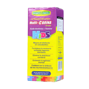 MULTI-C BRINA KIDS 240 ML – NATURES GARDEN 8 Frente de envase de Multi-CBRINA Jugo para niños de Nature's Garden. Este producto está diseñado para mejorar el intelecto en estudiantes, fortalecer la memoria, eliminar lagunas mentales y estimular la agilidad mental. Contiene ácido glutámico y tiamina, que colaboran en la síntesis de neurotransmisores, contribuyendo al desarrollo cognitivo en los niños. Envase de 240 ml, ideal para apoyar el rendimiento académico.