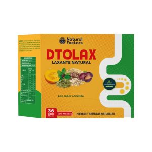 DTOLAX LAXANTE NATURAL – NATURAL FACTOR 22 Caja de Dtolax, un laxante natural de la marca Natural Factors. Contiene 36 dosis y está formulado con hierbas y semillas naturales. Su sabor es a fruta, lo que lo hace más agradable al consumir. Ideal para quienes buscan una opción natural para mejorar la salud digestiva.