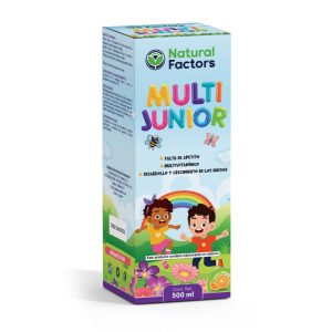 MULTI JUNIOR JBE 500 ML – NATURAL FACTOR 10 Suplemento vitamínico Multi Junior de Natural Factors, presentado en un envase de 500 ml, diseñado para el desarrollo y crecimiento de los niños. Contiene una fórmula rica en vitaminas y minerales esenciales que apoyan la salud integral y el bienestar de los más pequeños. Ideal para complementar la alimentación infantil y fortalecer el sistema inmunológico. Atractivo diseño colorido que capta la atención de los niños.