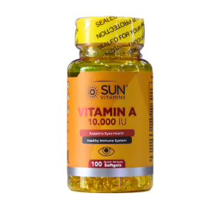 VITAMIN A 10.000 IU – SUN VITAMINS 4 Botella de vitaminas A de la marca Sun Vitamins, con una dosis de 10,000 IU. Contiene 100 cápsulas blandas, formuladas para apoyar la salud ocular y mantener un sistema inmunológico saludable. Ideal para quienes buscan mejorar su bienestar general a través de la suplementación.
