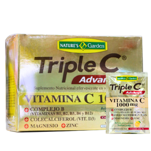 Suplemento nutricional efervescente Triple C de Nature's Garden, que proporciona 1000 mg de vitamina C por porción. Incluye complejo B, colecalciferol (vitamina D3), magnesio y zinc, ideal para fortalecer el sistema inmunológico y mejorar la salud general. Presentación en caja con sobres individuales para facilitar su consumo.