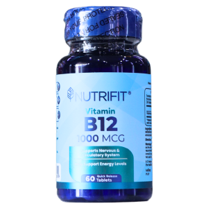 VITAMIN B12 1000 MCG 60 TAB – NUTRIFIT 20 Frasco de vitamina B12 de 1000 MCG de la marca Nutrifit. Contiene 60 tabletas de liberación rápida, formuladas para apoyar el sistema nervioso e incrementar los niveles de energía. Ideal para personas que buscan mejorar su bienestar general y combatir la fatiga.