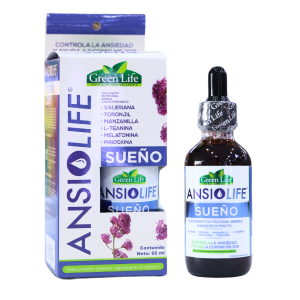 ANSIOLIFE 60 ML – GREEN LIFE 12 Suplemento AnsioLife Sueño de Green Life, presentado en un frasco de 60 ml. Contiene ingredientes naturales como valeriana, toronjil, manzanilla, L-teanina, melatonina y próspero. Diseñado para ayudar a controlar la ansiedad y promover un sueño reparador. Ideal para quienes buscan mejorar su calidad de descanso de manera natural.