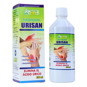 URISAN 500 ML – NATURES PHARMA 28 Imagen de un producto llamado Urisan de Zarzapharma, presentado en una botella de 500 ml. La etiqueta destaca sus propiedades como diurético, gastroprotector y antiinflamatorio, enfatizando que ayuda a eliminar el ácido úrico. Ideal para personas que buscan un tratamiento natural para controlar niveles altos de ácido úrico. La caja incluye información adicional sobre los beneficios del producto y su uso recomendado.