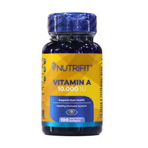 Frasco de vitaminas A Nutrifit, 10,000 IU, con 100 geles blandos. Promueve la salud ocular y un sistema inmunológico saludable.
