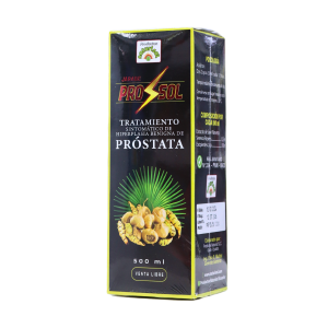 PROSOL 500 ML – NATURISOL 6 Envase de producto Prosol de 500 ml, diseñado para el tratamiento de síntomas de hiperplasia benigna de próstata. La caja presenta un diseño atractivo con imágenes de ingredientes naturales. Ideal para hombres que buscan soluciones naturales para la salud prostática.