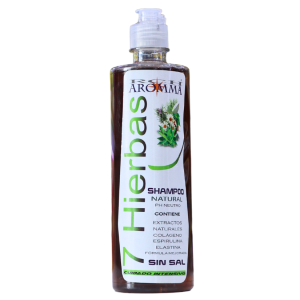 Champú natural 7 Hierbas de Aromma, formulado con extractos de plantas como colágeno, espirulina y elastina. Este producto es ideal para el cuidado del cabello, proporcionando hidratación y nutrientes esenciales. Además, es libre de sal, lo que lo hace suave y adecuado para todo tipo de cabello. Perfecto para quienes buscan una opción natural y efectiva para mantener su cabello saludable y brillante.