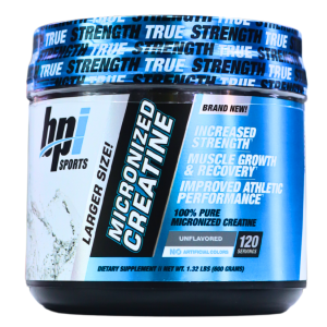 100% PURE MICRONIZED CREATINE 600GR – BPI SPORTS 6 Envase de creatina micronizada de BPI Sports, con 120 porciones, diseñado para aumentar la fuerza, promover el crecimiento muscular y mejorar el rendimiento atlético. Sin sabor, 100% creatina pura.