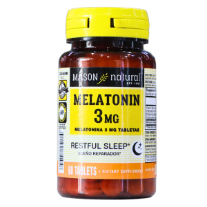 MELATONIN 3MG 60 TABLETS MASON VITAMINS 2 Frasco de melatonina de 3 mg de la marca Mason Natural, que contiene 60 tabletas. Este suplemento dietético está diseñado para promover un sueño reparador y mejorar la calidad del descanso. Ideal para quienes buscan regular su ciclo de sueño de manera natural.