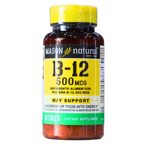VITAMIN B12 500 MCG 60 TABLETS – MASON VITAMINS 18 Frasco de suplemento alimenticio Mason Naturals de vitamina B-12, 500 mcg, que contiene 30 tabletas. Este producto está diseñado para apoyar la conversión de alimentos en energía.