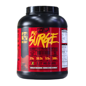 Proteína en polvo Mutant Iso Surge de 2.27 kg, sabor chocolate. Contiene 25 g de proteínas por porción, 16.3 g de aminoácidos esenciales y 5.5 g de BCAAs. Ideal para aumentar la masa muscular y mejorar la recuperación post-entrenamiento. Envase de diseño atractivo, con información nutricional clara en la etiqueta. Perfecto para deportistas y entusiastas del fitness que buscan una fuente de proteína de alta calidad