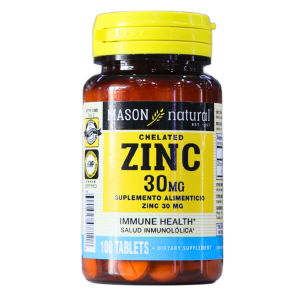 ZINC 30 MG 100 TABLETS – MASON VITAMINS 16 Suplemento de zinc chelatado de 30 mg de Mason Natural, presentado en frasco de 100 tabletas. Este producto está diseñado para apoyar la salud inmunológica. Ideal para quienes buscan un refuerzo en su sistema inmunitario y bienestar general.