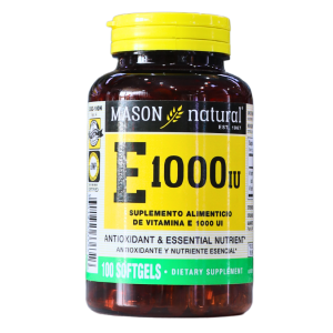 VITAMIN E 1000 IU X 100 SOFTGELS – MASON VITAMINS 30 Botella de suplemento alimenticio Mason Natural de vitamina E 1000 IU. Contiene 100 geles blandos que ofrecen propiedades antioxidantes y nutrientes esenciales. Ideal para fortalecer el sistema inmunológico y promover la salud celular. Perfecto para quienes buscan un complemento dietético natural.