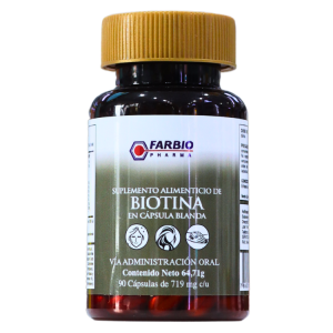 BIOTINA 90 CÁPSULAS – FARBIO PHARMA 16 Frasco de suplemento alimenticio de biotina en cápsula blanda de la marca Farbio Pharma. Contiene 90 cápsulas de 719 mg cada una, diseñado para administración oral. Ideal para mejorar la salud del cabello, piel y uñas, contribuyendo a un bienestar general.