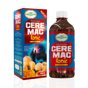 CEREMAC TONIC 500 ML ECUAFARMA 6 Imagen de un frasco y caja del producto CereMac Tonic, un suplemento alimenticio de 500 ml diseñado para mejorar la salud cerebral. La caja presenta un diseño llamativo en colores azul y rojo, destacando su uso para el bienestar cognitivo. Ideal para quienes buscan potenciar su memoria y concentración.