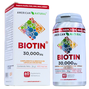 BIOTIN 60 CÁPSULAS – AMERICAN NATURAL 16 Suplemento de biotina American Natural de 30,000 µg, presentado en cápsulas. La caja incluye 60 cápsulas que promueven la salud del cabello, la piel, las uñas y los huesos. Ideal para quienes buscan mejorar su bienestar general y fortalecer su belleza natural.