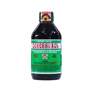 CEREBROSOL 250 ML – NATURISOL 14 Frasco de jarabe Cerebrosol de 250 ml, un suplemento natural diseñado para mejorar las funciones del sistema nervioso. Ideal para el bienestar cognitivo, este producto se presenta en un envase de plástico con etiqueta verde, destacando su uso oral y beneficios para la salud mental. Perfecto para quienes buscan apoyo en la memoria y concentración.