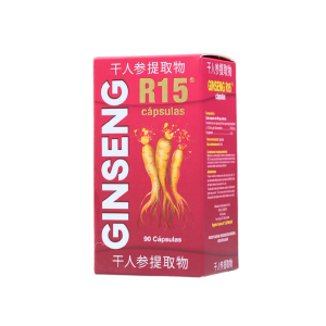 Caja de cápsulas de ginseng R15, que contiene 90 cápsulas. El ginseng es conocido por sus propiedades energizantes y adaptogénicas, ayudando a mejorar la concentración y la vitalidad. Ideal para quienes buscan un suplemento natural que apoye su bienestar general y aumente la resistencia física.