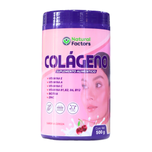 Envase de colágeno en polvo de la marca Natural Factors, presentado en un frasco de 500 g. El producto contiene vitamina E, vitamina A, vitamina C, varias vitaminas del complejo B (B1, B2, B6, B12), biotina y zinc. Sabor a cereza, diseñado para apoyar la salud de la piel, cabello y uñas. Ideal como suplemento alimenticio para mejorar la elasticidad y firmeza de la piel.