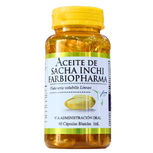 ACEITE SACHA INCHI 60 CÁPSULAS – FARBIO PHARMA 4 Frasco de aceite de sacha inchi de la marca Farbiopharma, que contiene 60 cápsulas blandas de 1 ml cada una. Este suplemento se utiliza para mejorar la salud cardiovascular y aportar ácidos grasos esenciales. Ideal para la administración oral, el aceite de sacha inchi es conocido por sus beneficios nutricionales y su origen natural.