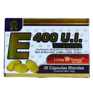 VITAMINA E 400 U.I. (30 CÁPSULAS) – LIVING NATURAL 6 Suplemento vitamínico E 400 U.I. en cápsulas blandas de Living Natural. Contiene 30 cápsulas con un peso neto de 450 g. Elaborado con vitamina E sintética y aceite de soya, este producto es ideal para complementar la dieta y promover la salud celular. Perfecto para quienes buscan beneficios antioxidantes y mejorar su bienestar general.