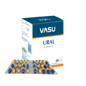 Cápsulas Ural de Vasu, presentadas en un empaque de 50 cápsulas organizadas en blíster. Este producto está diseñado para ayudar en el bienestar urinario y renal, promoviendo una función saludable del sistema. Ideal para quienes buscan un suplemento natural y efectivo.