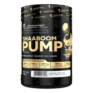 SHAABOOM PUMP – KEVIN LEVRONE 28 Suplemento pre-entrenamiento Shaaboom Pump de Kevin Levrone, diseñado para aumentar la energía y el rendimiento en el gimnasio. Contiene una mezcla de ingredientes clave como 4000 mg de L-Arginina, 3000 mg de Creatina Monohidratada y 2000 mg de Beta-Alanina. Presentado en un envase negro con detalles dorados, este producto tiene un sabor a frutas y se ofrece en un formato de 365 gramos