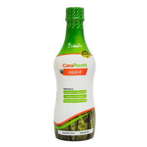 VIGOR X 500 ML – CURAPLANTS 12 Botella de CuraPlants Vigor X, un producto especializado para el cuidado de plantas, diseñado para mejorar su crecimiento y salud. La etiqueta destaca sus beneficios, incluyendo la promoción de un desarrollo vigoroso y la resistencia a enfermedades. Ideal para jardineros y aficionados a la horticultura que buscan soluciones efectivas y naturales para el cuidado de sus plantas.