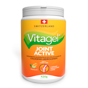 VITAGEL JOINT ACTIVE 420G 2 Envase de Vitagel Joint Active, suplemento alimenticio en polvo de colágeno hidrolizado, con vitamina C, 420 g, diseñado para mejorar la salud de articulaciones y músculos.