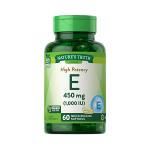 VITAMINA E 1000 IU – NATURES TRUTH 10 Botella de suplementos de vitamina E de Nature's Truth, con 450 mg (1,000 IU) en 60 cápsulas de liberación rápida, diseñada para apoyar la salud y el bienestar.