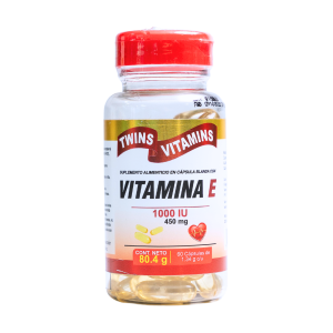 VITAMINA E 1000 IU – TWINS VITAMINS 8 Frasco de vitaminas Twins que contiene vitamina E en cápsulas blandas. Cada cápsula proporciona 1000 IU de vitamina E, con un peso neto de 80.4 g. Este suplemento es ideal para apoyar la salud celular y fortalecer el sistema inmunológico. La vitamina E es un antioxidante que ayuda a proteger las células del daño.